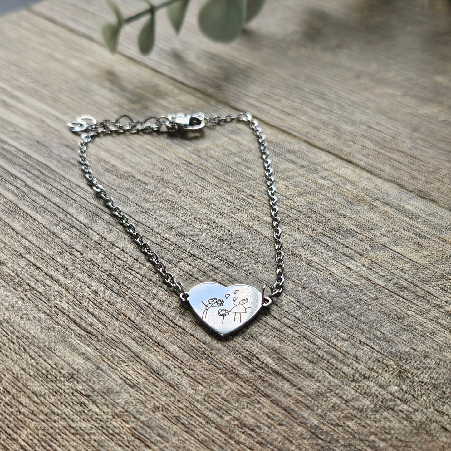 Custom Engraved Heart Bracelet with Child’s Drawing – Personalised Mother’s Day Gift