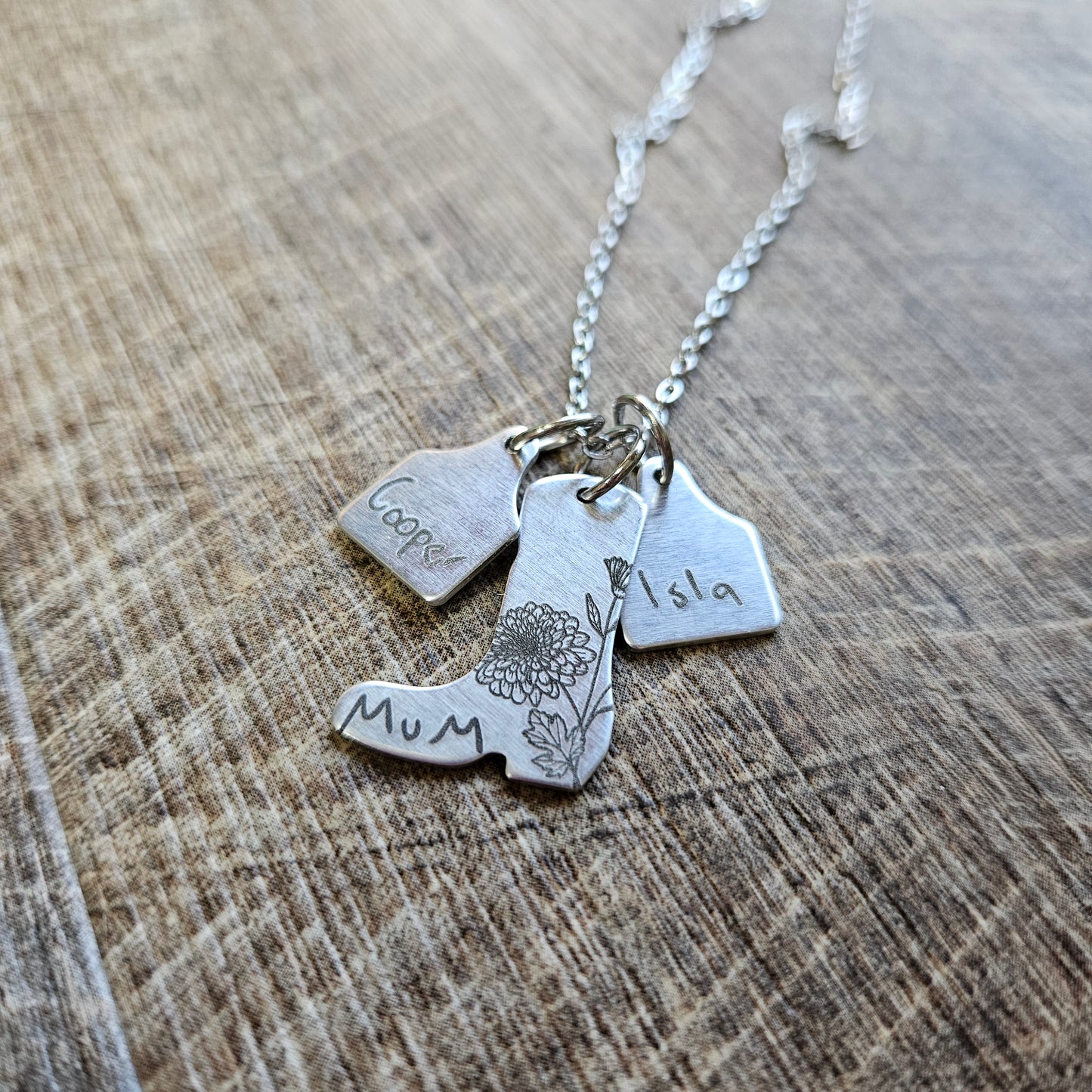 Personalised Country Charm Necklace – Custom Boot & Cattle Tags with Kids’ Names & Birth Flowers