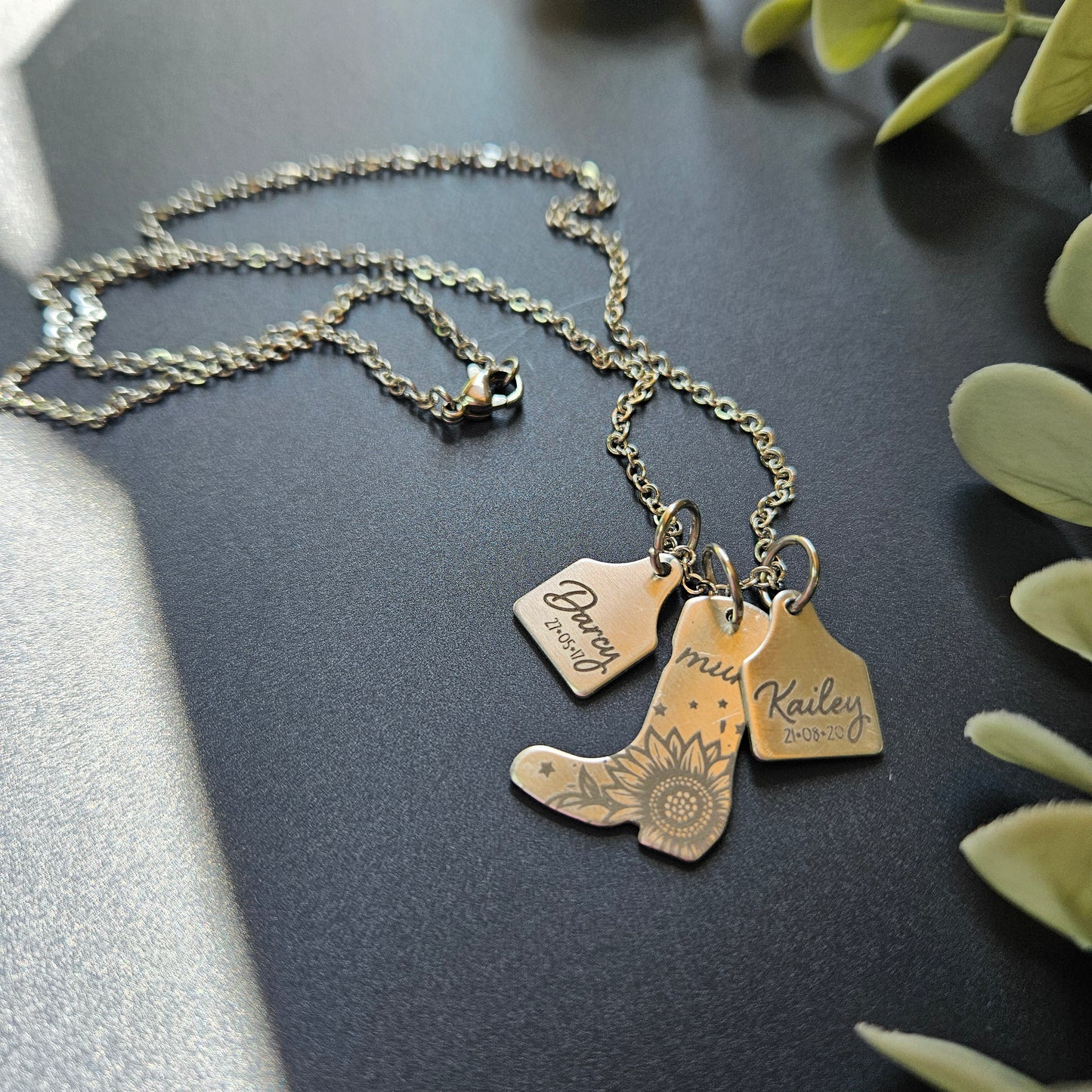 Personalised Country Charm Necklace – Sunflower Custom Boot & Cattle Tags with Kids’ Names & Birth Dates