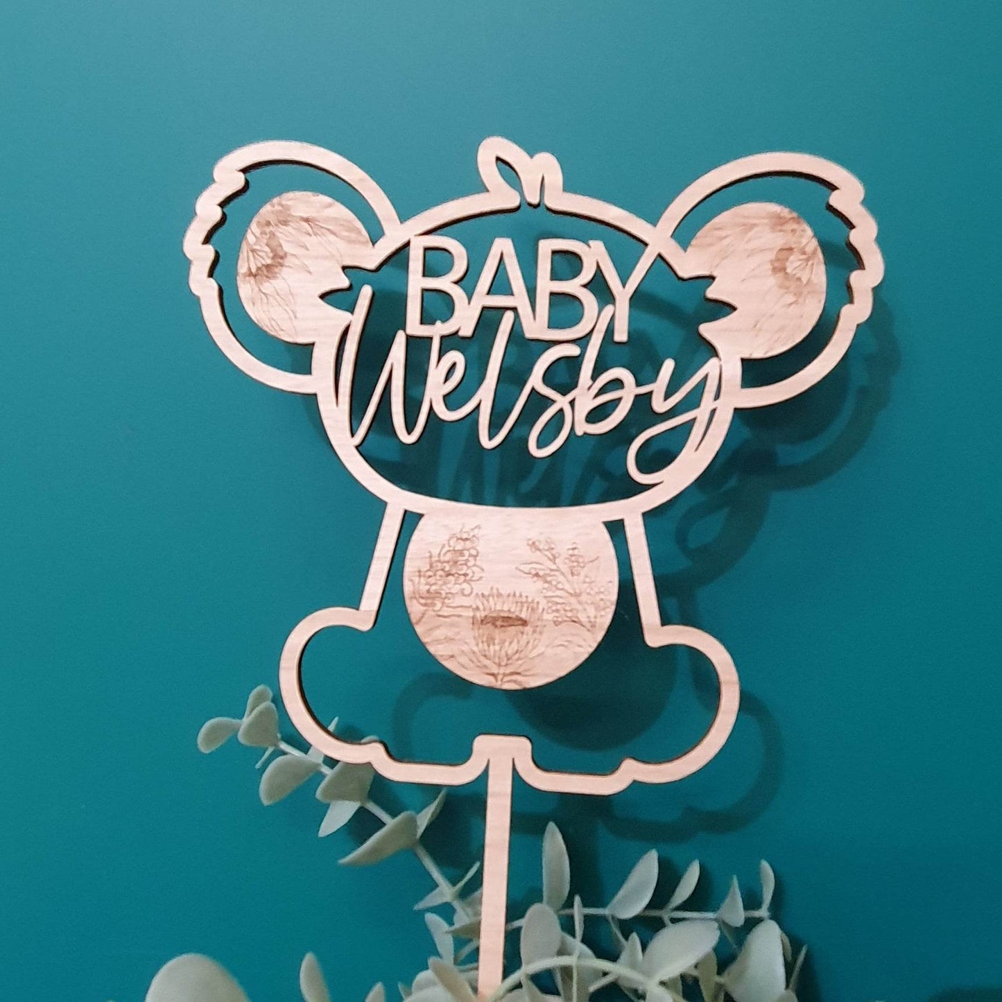 Koala and Native Flower Baby Shower Cake Topper | Personalised
