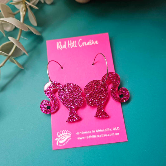 Barbie Style Hoop Earrings | Hot Pink Glitter or Solid