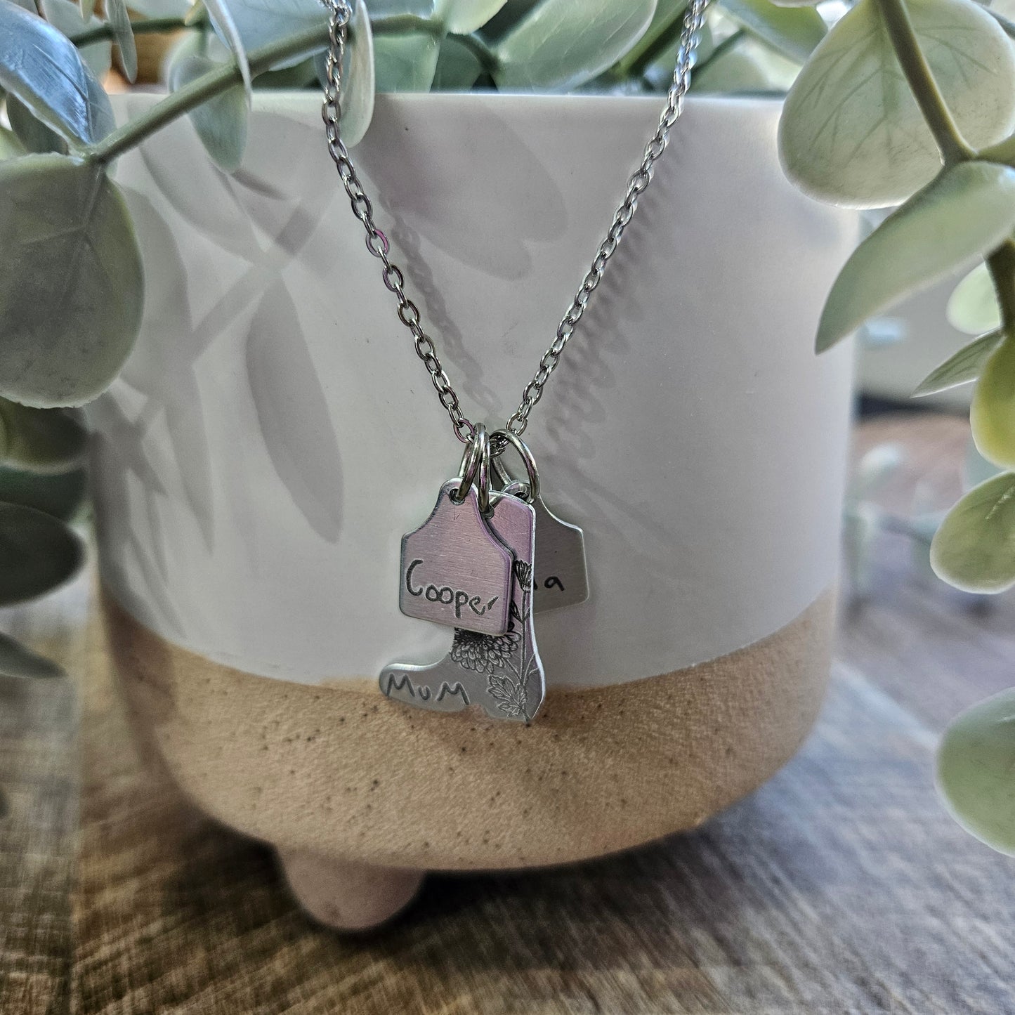Personalised Country Charm Necklace – Custom Boot & Cattle Tags with Kids’ Names & Birth Flowers