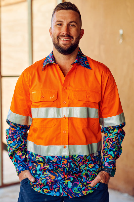 TradeMutt Men's Pearler Orange OR Yellow Day/Night Hi Vis 2.0 Full Button Work Shirt