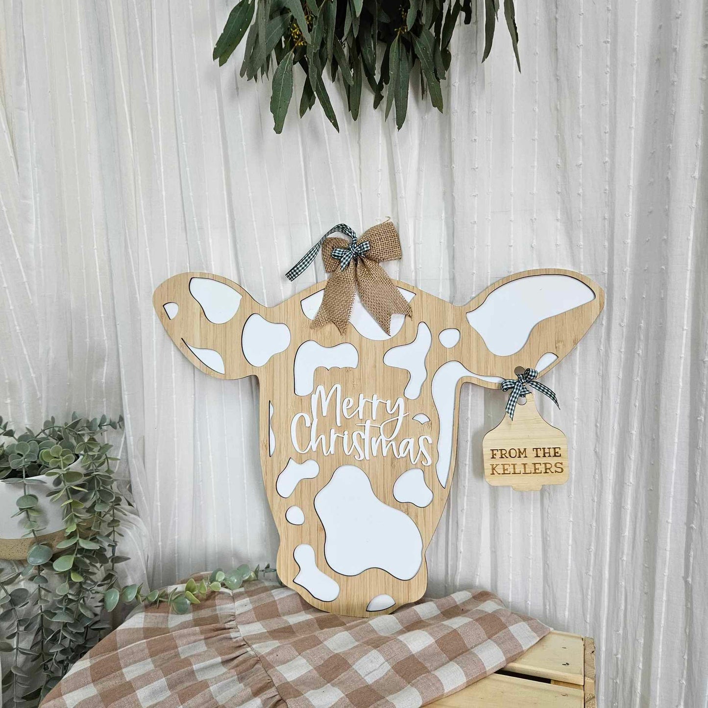 Merry Christmas Cow Door Hanger | PERSONALISED ear tag