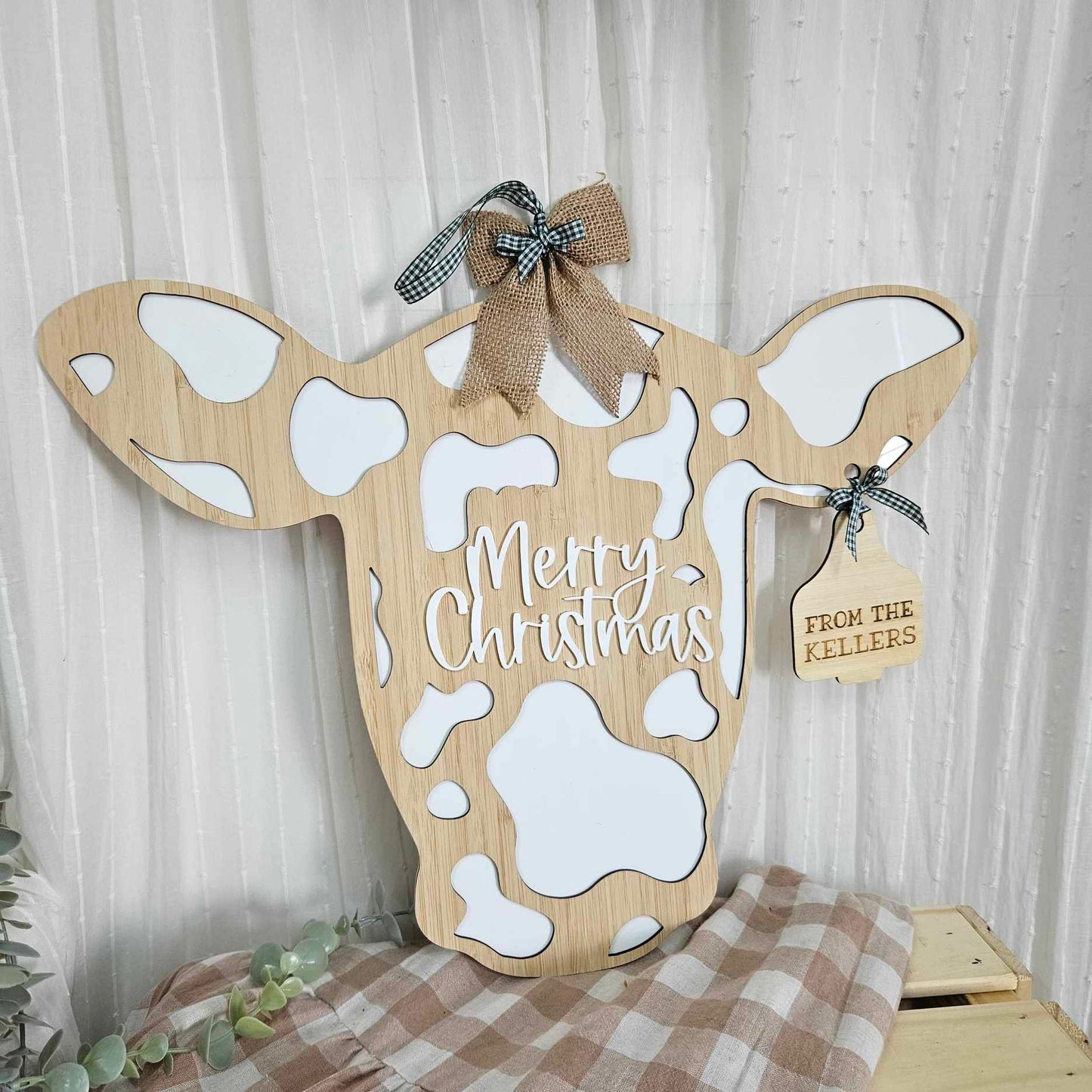 Merry Christmas Cow Door Hanger | PERSONALISED ear tag