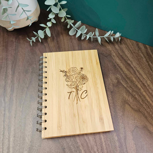 Floral Arrangement with Initials Engraved Bamboo Notebook | PERSONALISED