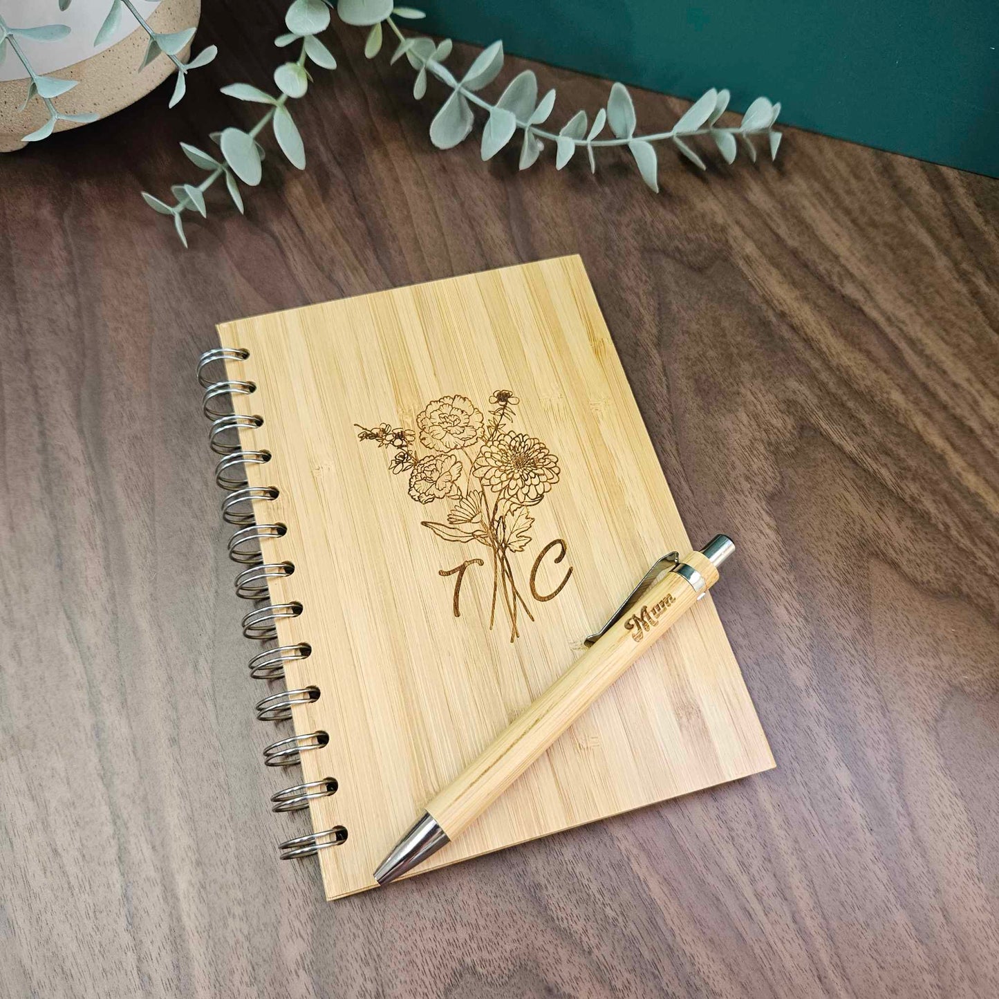 Floral Arrangement with Initials Engraved Bamboo Notebook | PERSONALISED