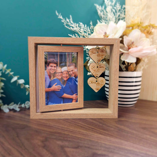 Double Sided Rotating Photo Frame | Personalised {hanging hearts - birth flower}