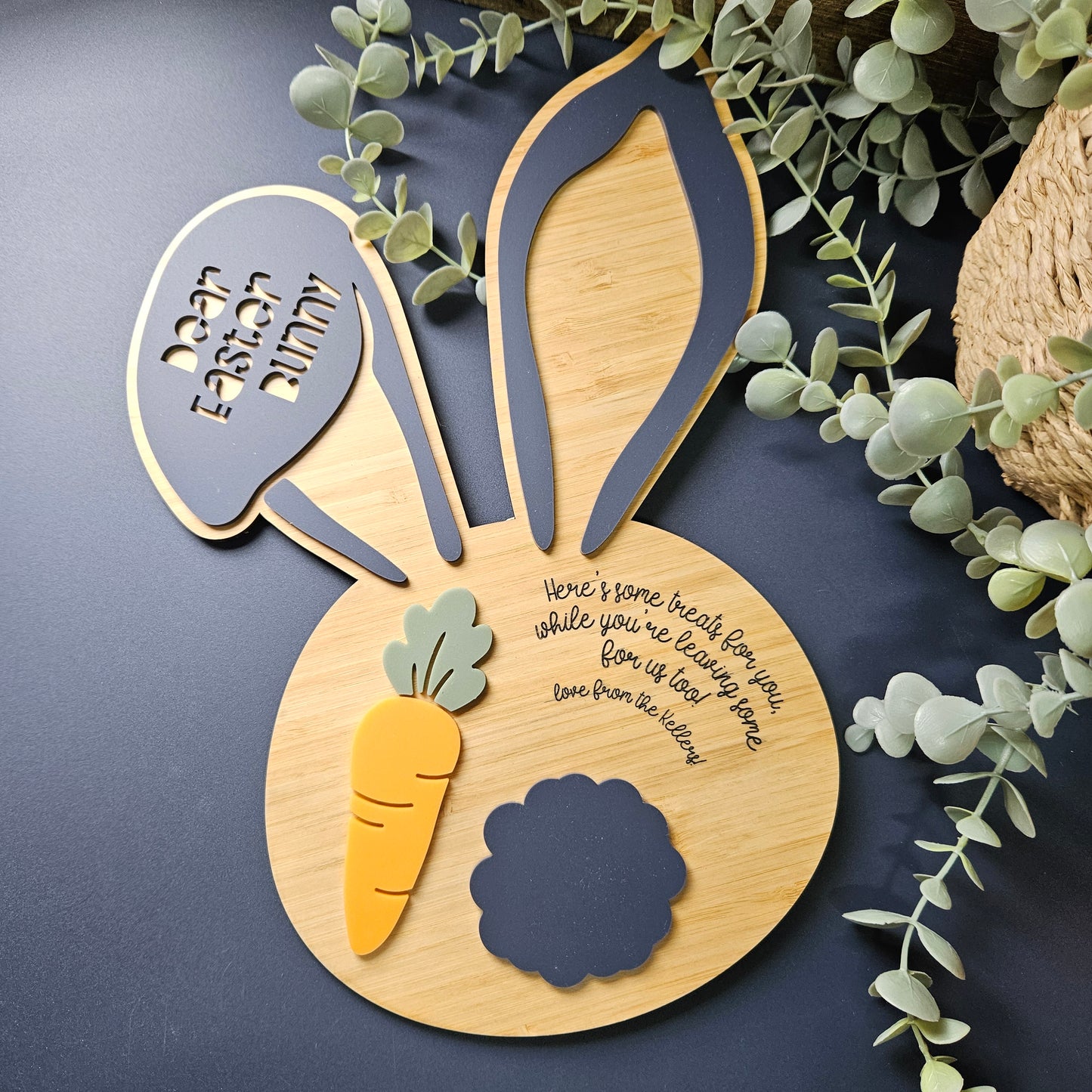Customisable Easter Treat Tray with carrot and bunny design in bamboo and acrylic, perfect for personalising with your family's name.