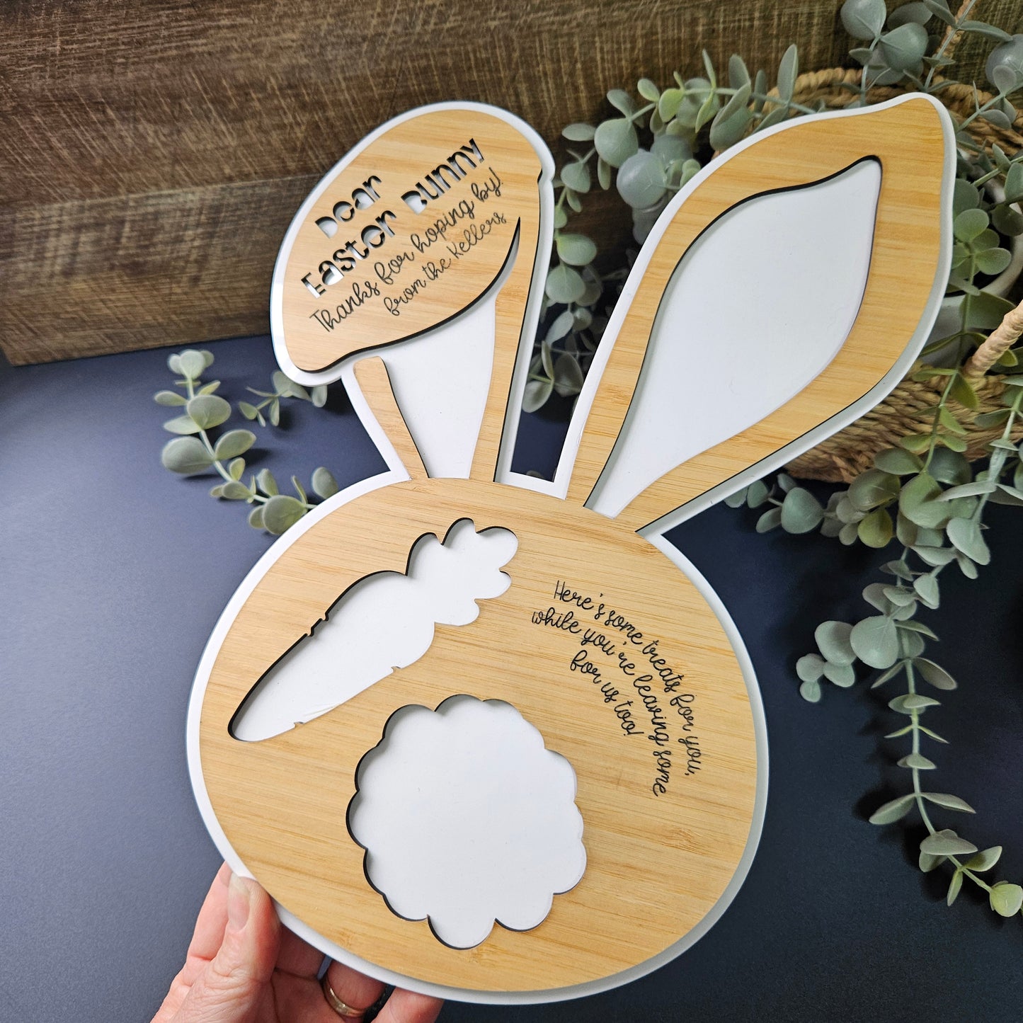 Personalised Easter Bunny Treat Tray made from bamboo and acrylic, featuring spaces for treats and a custom message.