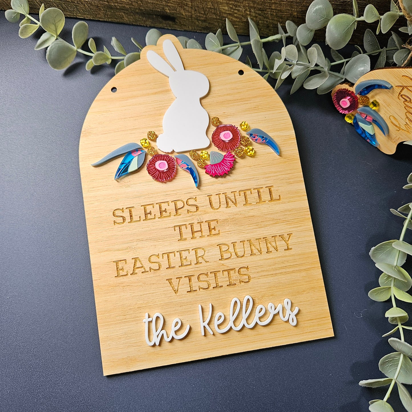 Easter countdown sign featuring a bunny with Australian native flowers, personalized for a unique touch, crafted in bamboo and acrylic