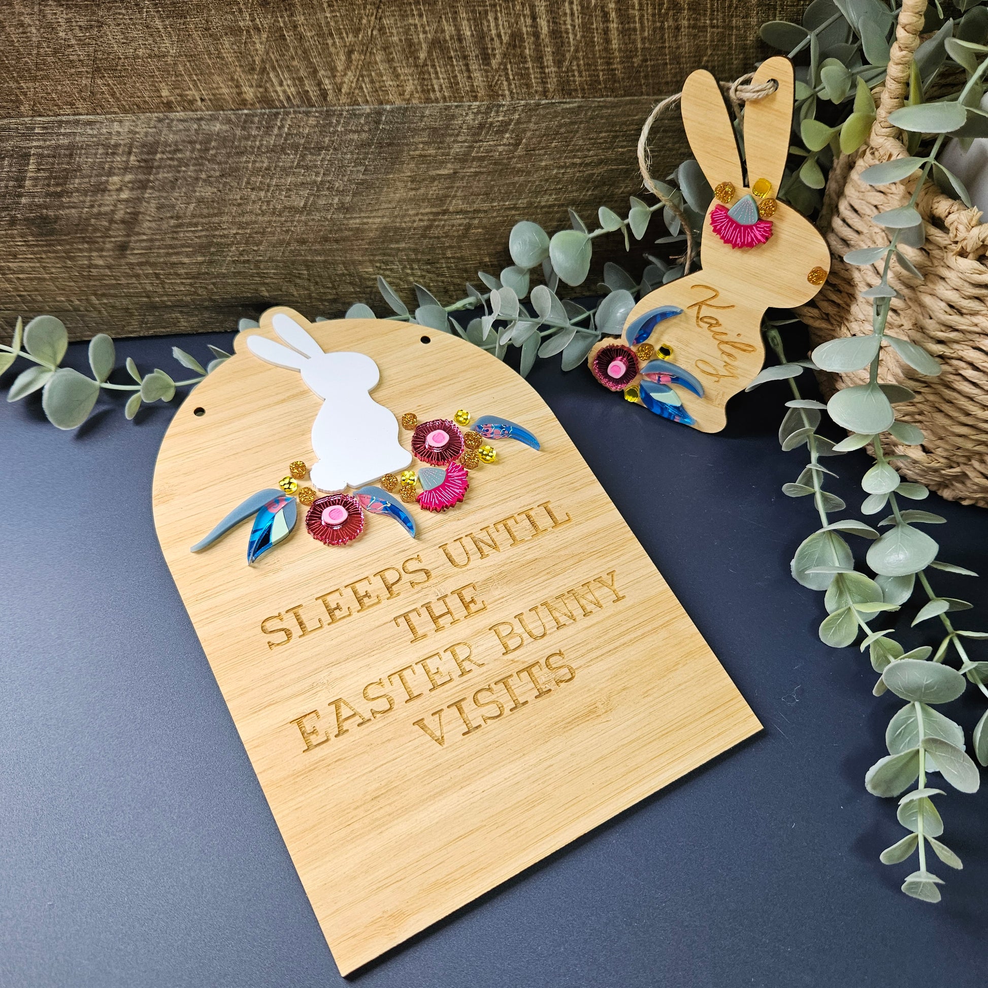 Easter countdown sign featuring a bunny with Australian native flowers, personalized for a unique touch, crafted in bamboo and acrylic