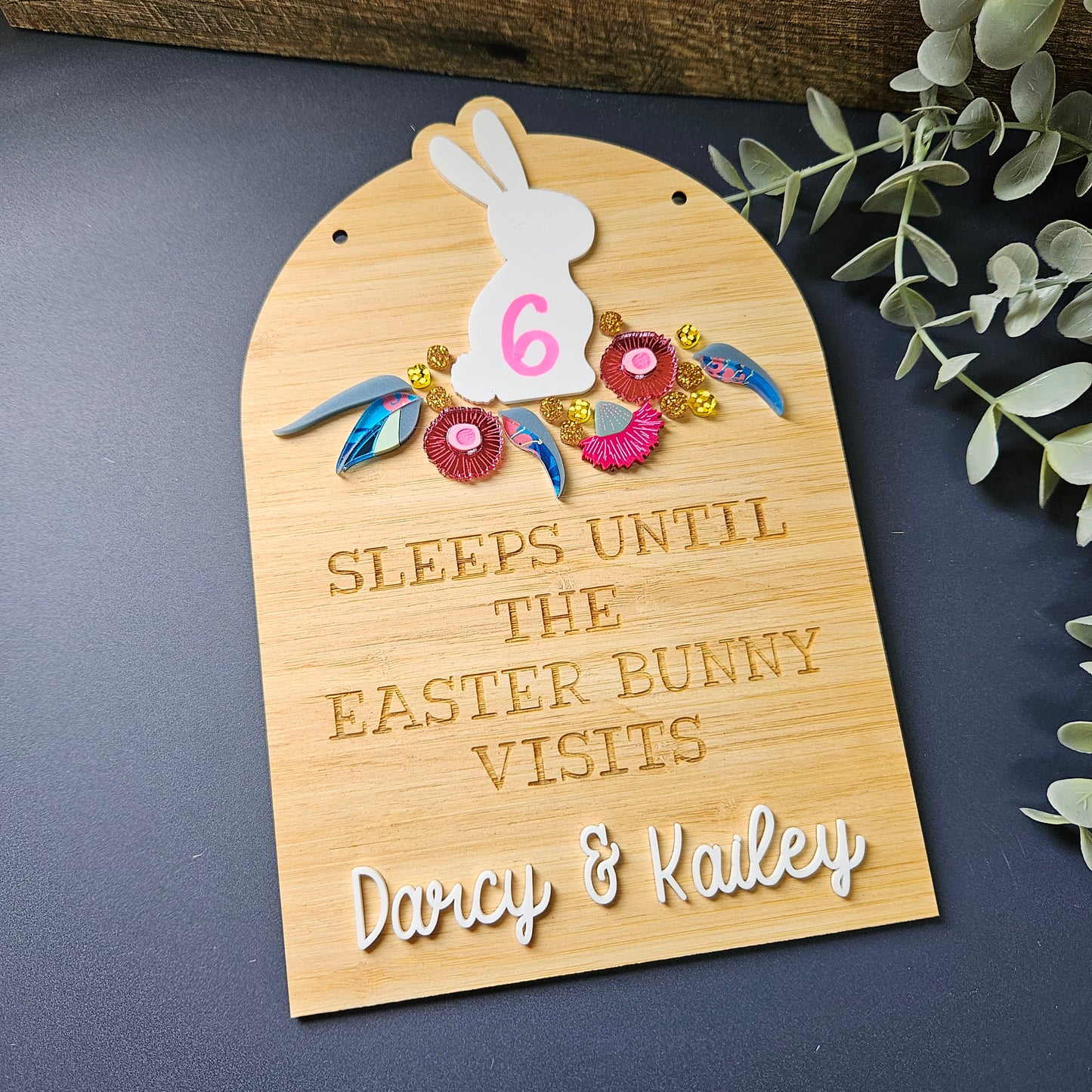 Easter countdown sign featuring a bunny with Australian native flowers, personalized for a unique touch, crafted in bamboo and acrylic