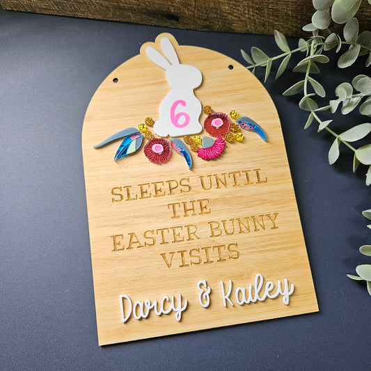 Easter countdown sign featuring a bunny with Australian native flowers, personalized for a unique touch, crafted in bamboo and acrylic