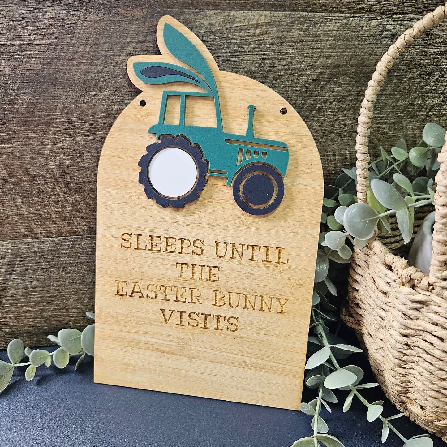 Personalised Easter countdown sign with a fun tractor design, made from bamboo and acrylic, perfect for a farmhouse-themed decor