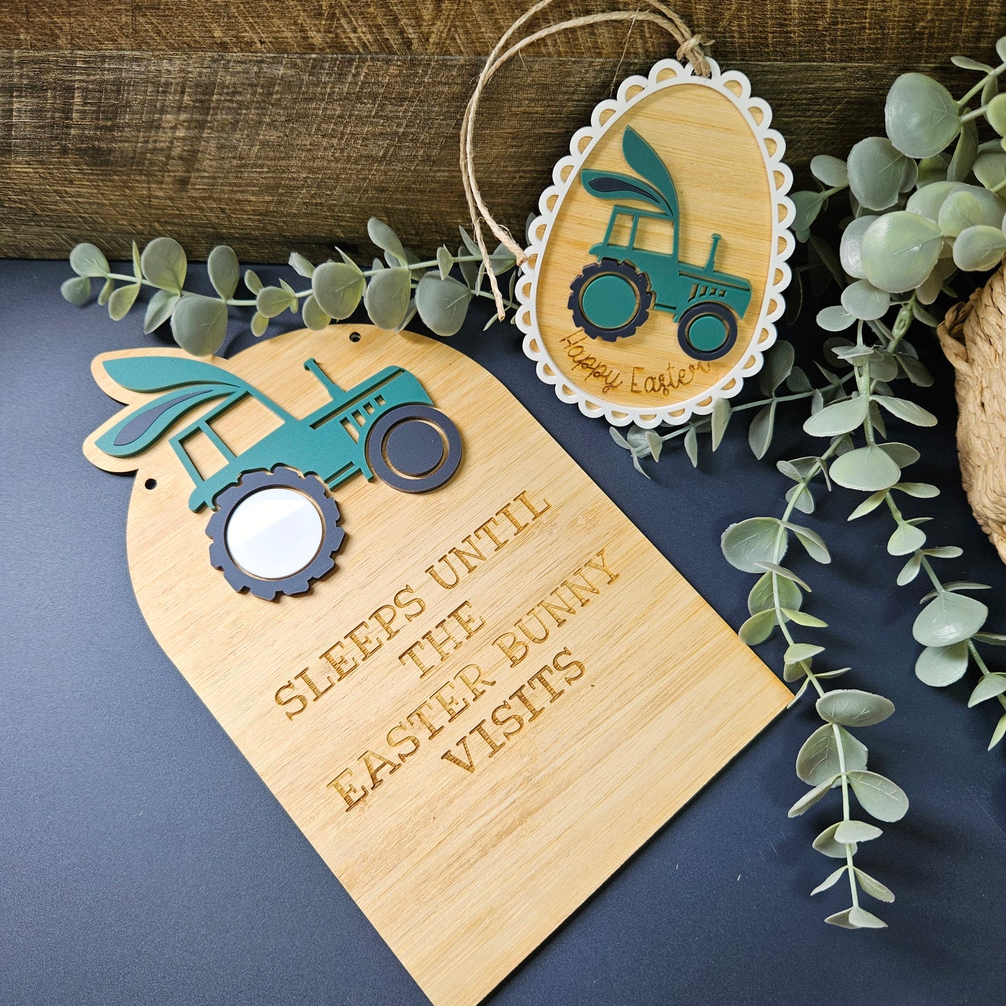 Personalised Easter countdown sign with a fun tractor design, made from bamboo and acrylic, perfect for a farmhouse-themed decor