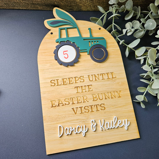 Personalised Easter countdown sign with a fun tractor design, made from bamboo and acrylic, perfect for a farmhouse-themed decor