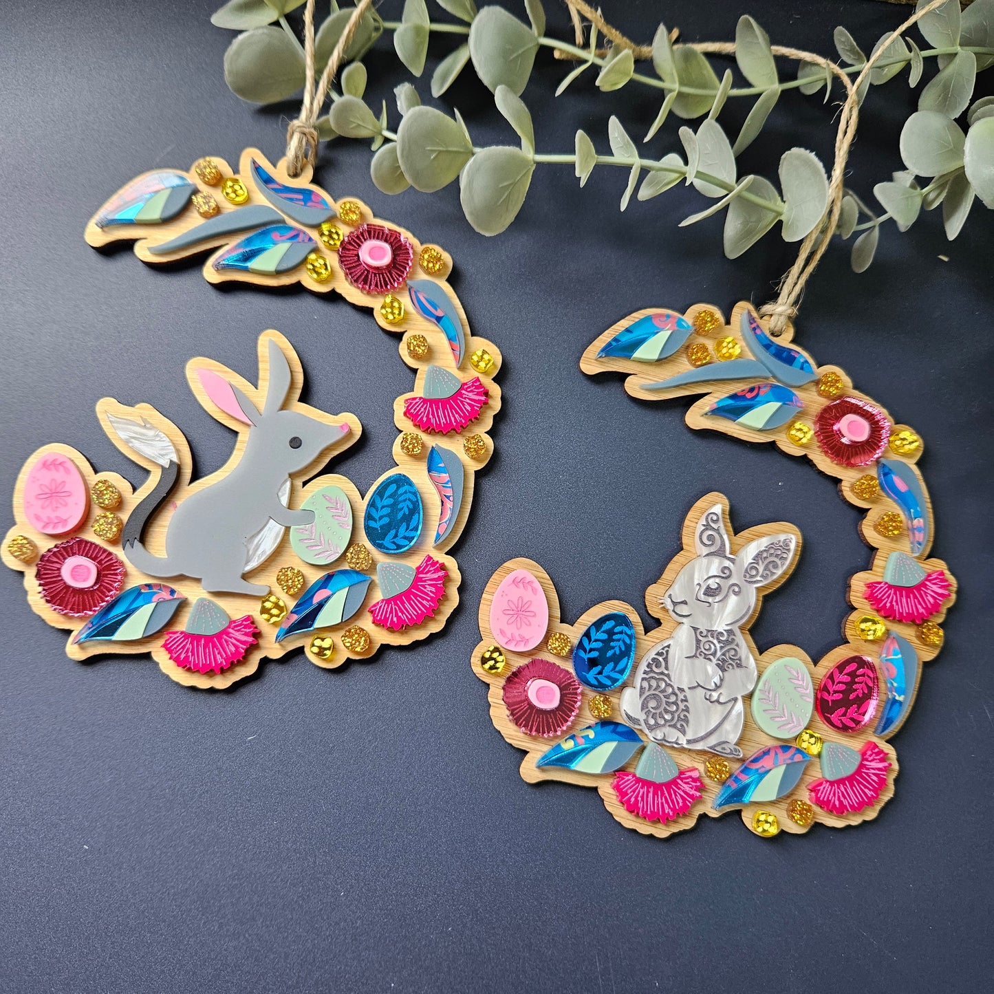 Handcrafted Gum Blossom Bunny Easter Wreath Ornament