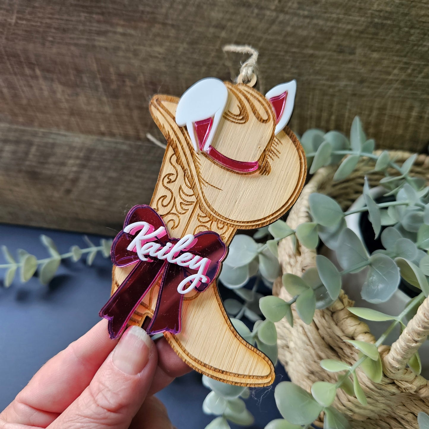 Personalised bamboo and acrylic name tags for Easter. Country cowgirl bunny.