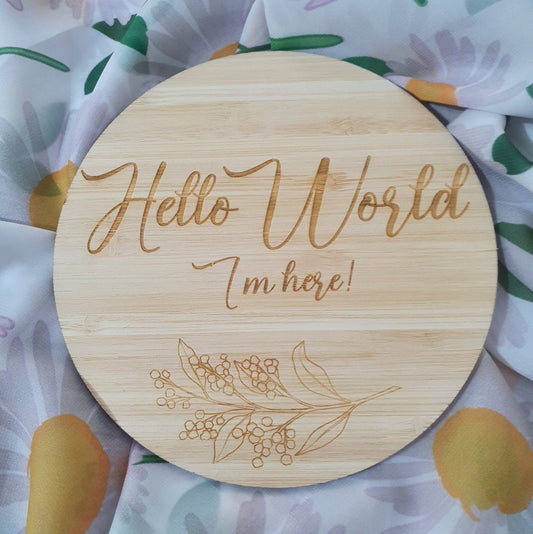 Wattle "Hello World" Baby Announcement Disc (Double Sided)