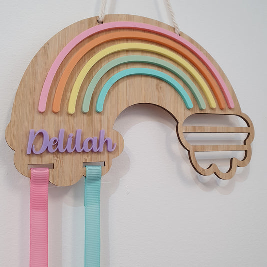 Pastel Rainbow Bow Holder Bamboo and Acrylic | Personalised