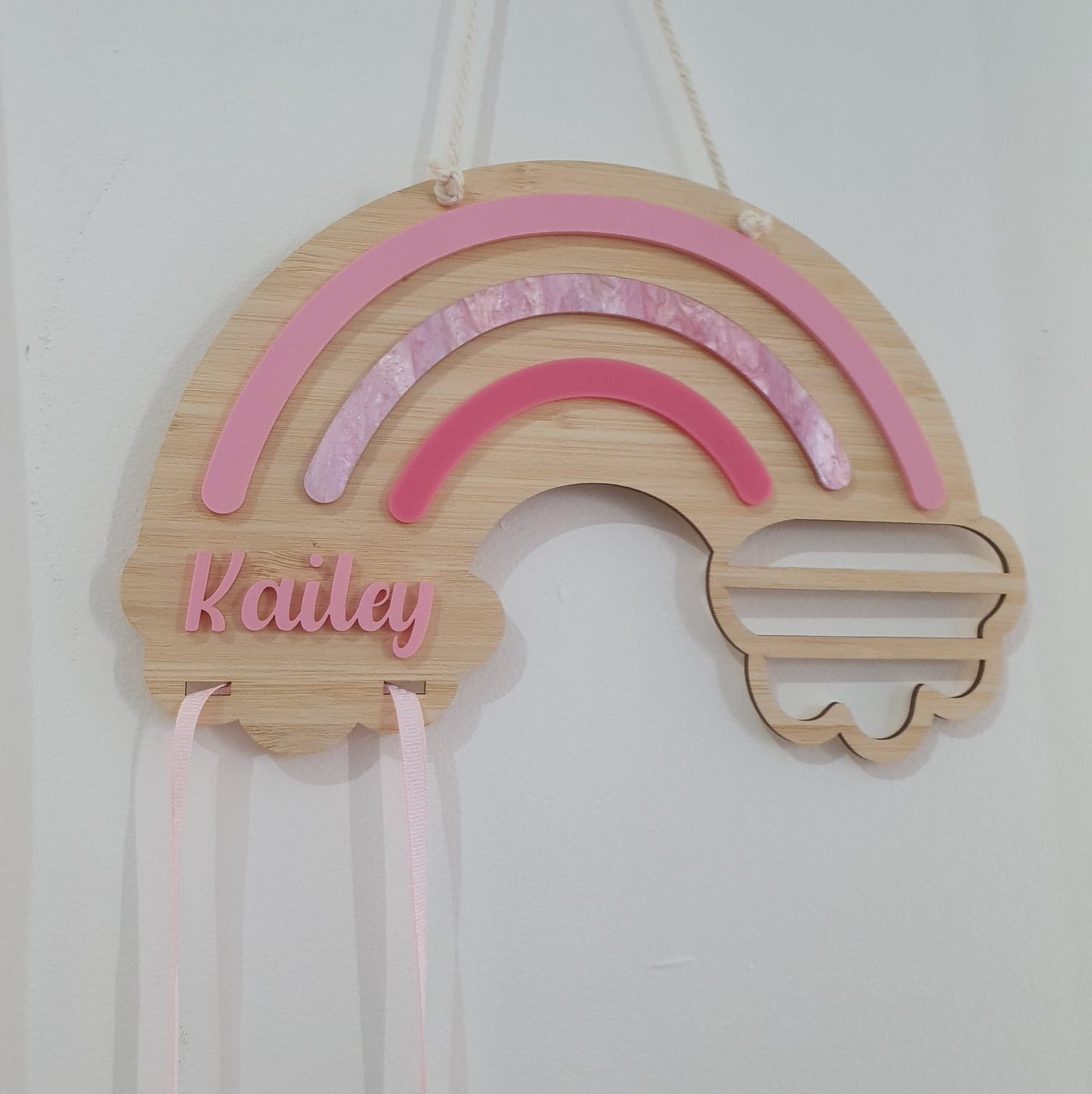 Rainbow Bow Holder Layered Bamboo and Acrylic | Personalised