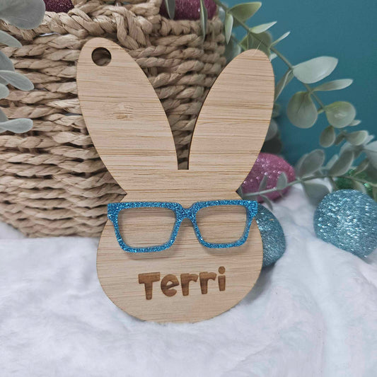 personalised easter name tag bunny with glasses