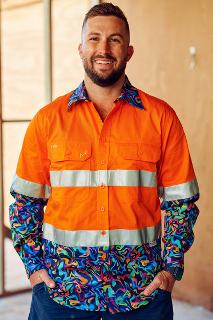 TradeMutt Men's Pearler Orange OR Yellow Day/Night Hi Vis 2.0 Full Button Work Shirt