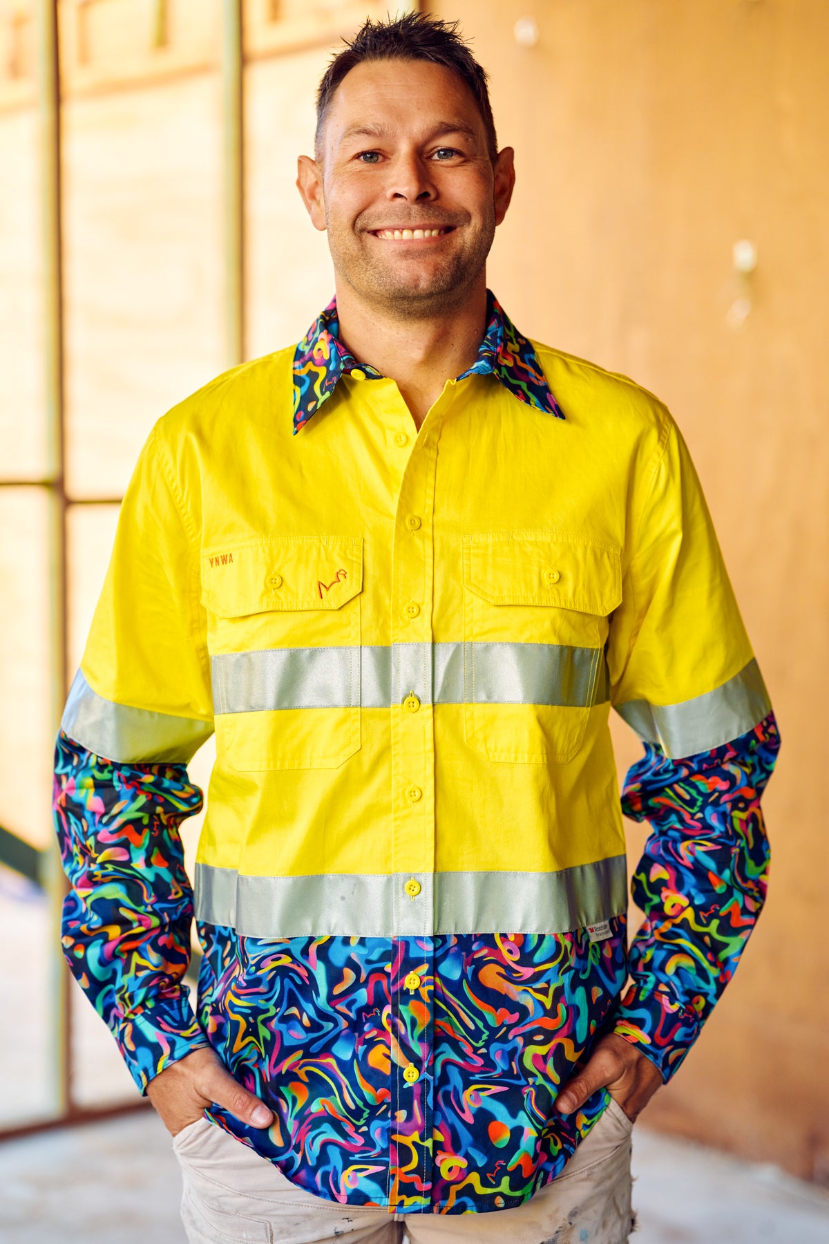 TradeMutt Men's Pearler Orange OR Yellow Day/Night Hi Vis 2.0 Full Button Work Shirt