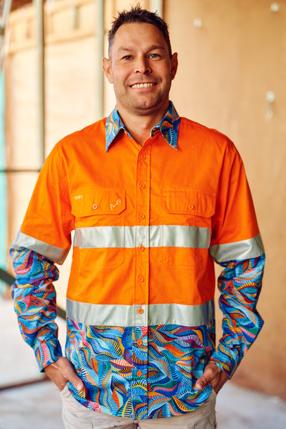 TradeMutt Men's Snazzy Orange OR Yellow Day/Night Hi Vis 2.0 Full Button Work Shirt
