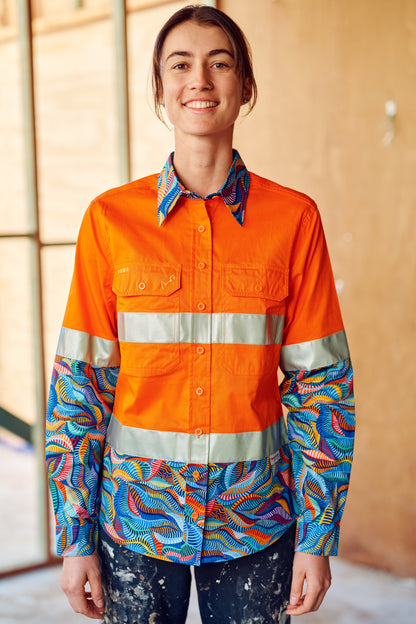 TradeMutt Women's Snazzy Orange OR Yellow Day/Night Hi Vis 2.0 Full Button Work Shirt