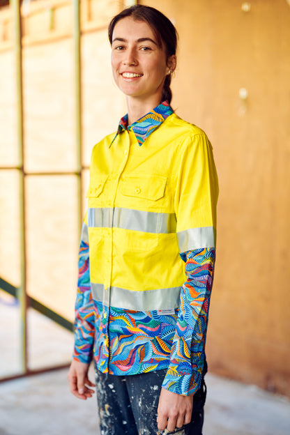 TradeMutt Women's Snazzy Orange OR Yellow Day/Night Hi Vis 2.0 Full Button Work Shirt