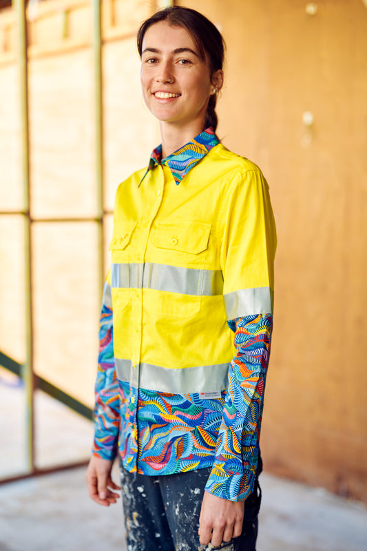 TradeMutt Women's Snazzy Orange OR Yellow Day/Night Hi Vis 2.0 Full Button Work Shirt