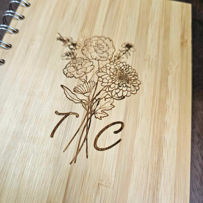 Floral Arrangement with Initials Engraved Bamboo Notebook | PERSONALISED