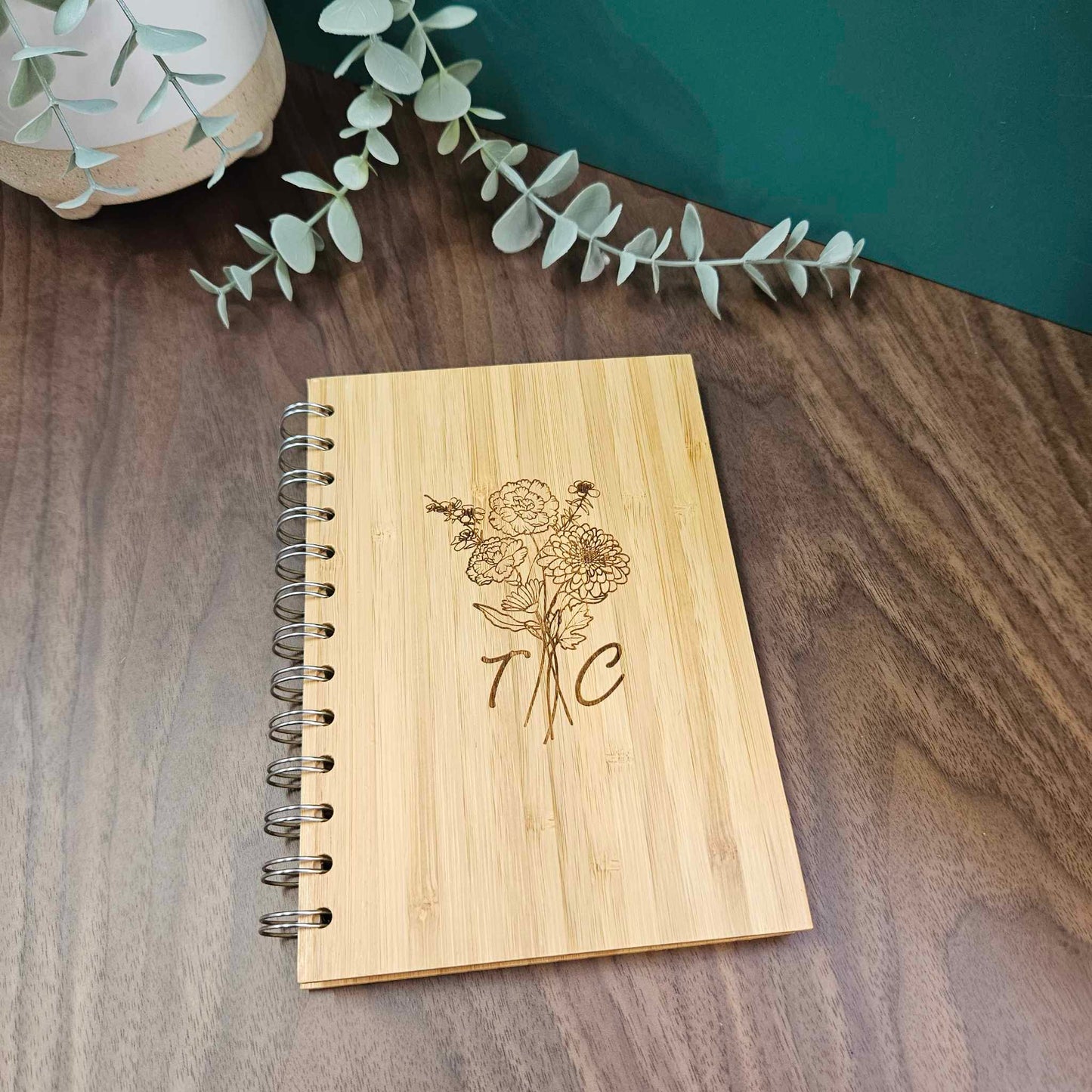 Floral Arrangement with Initials Engraved Bamboo Notebook | PERSONALISED
