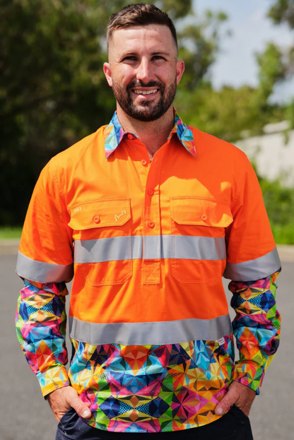 TradeMutt Men's Orange Day/Night Hi Vis 2.0 Full Button Work Shirt | Fractal