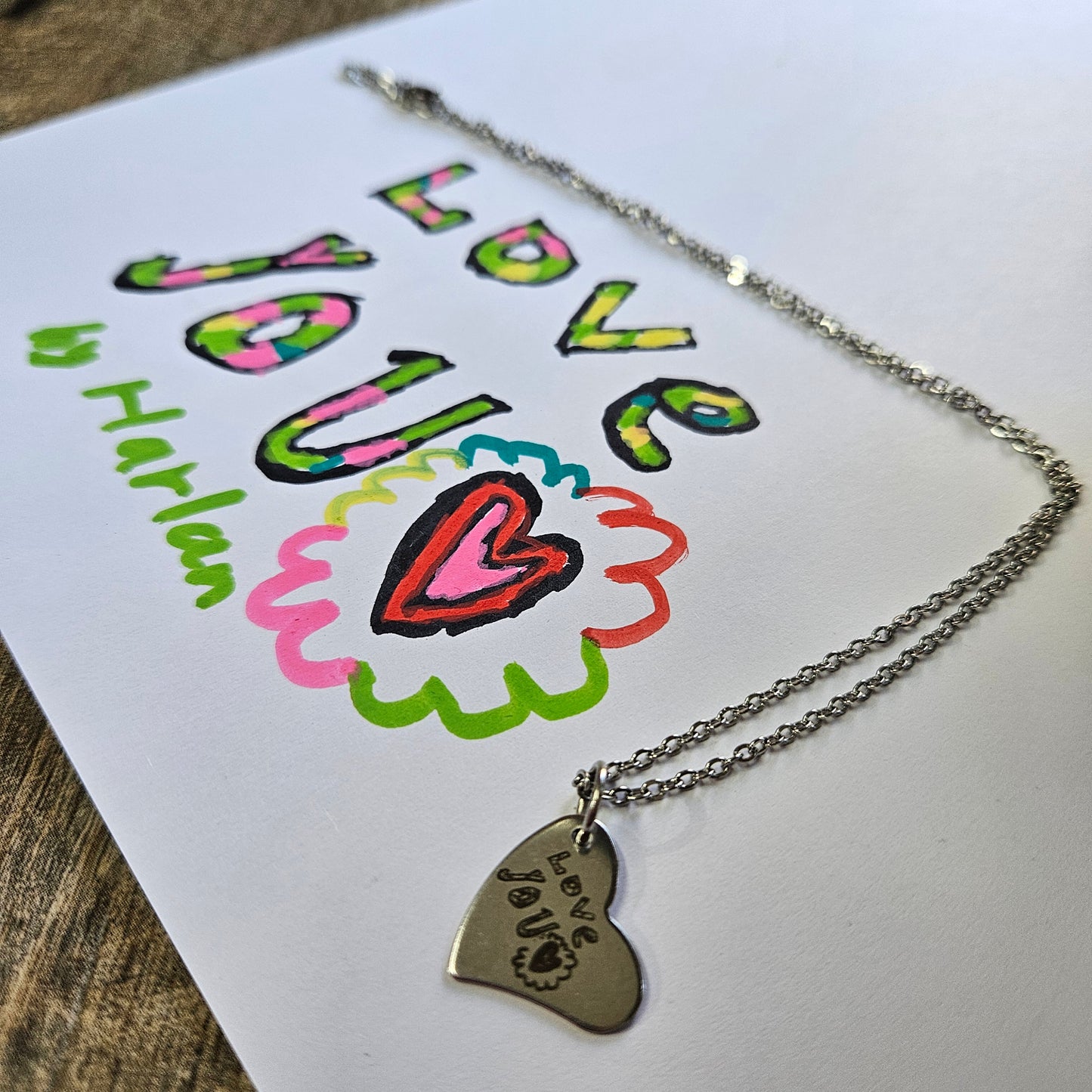 Custom Engraved Heart Necklace with Child’s Drawing – Personalised Mother’s Day Gift
