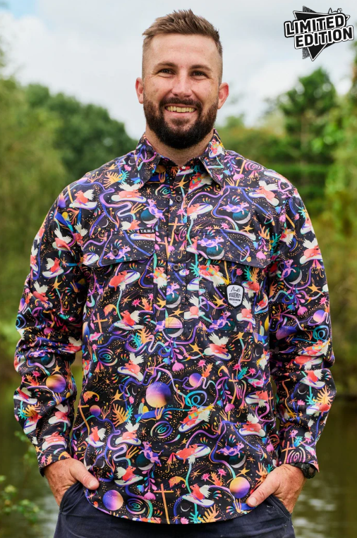 TradeMutt Men's Half Button Long Sleeve Workshirt | Pork Patrol