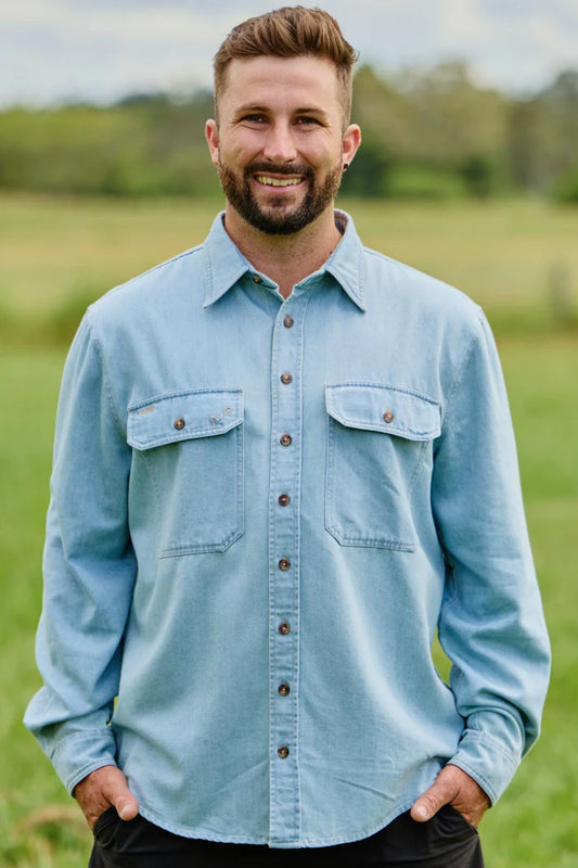 TradeMutt Men's Half Button Long Sleeve Workshirt | Denim