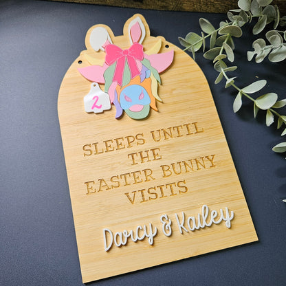Rustic Easter countdown sign with a Highland cow design in bamboo and acrylic, personalized to enhance your festive decor