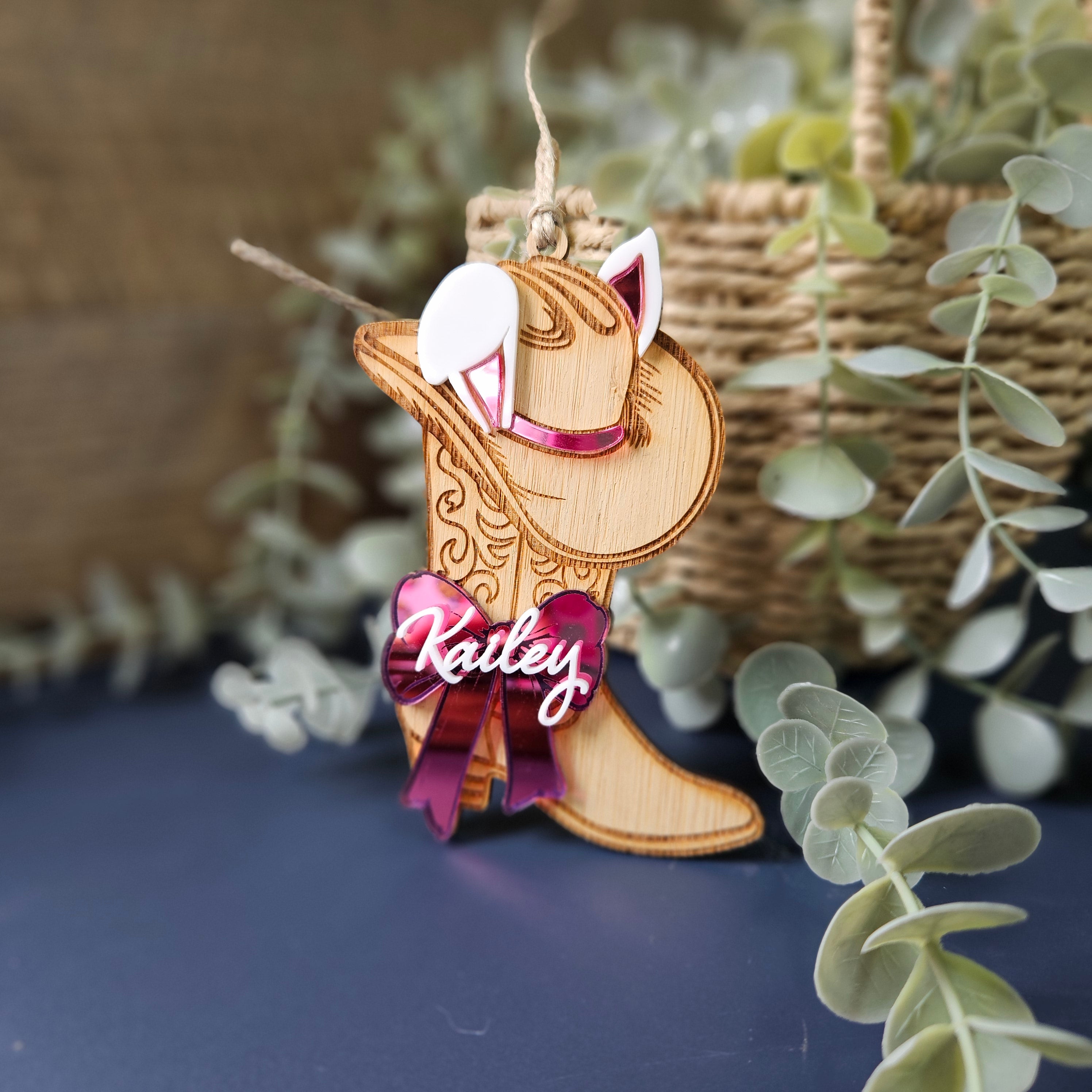 Personalised bamboo and acrylic name tags for Easter. Country cowgirl bunny.