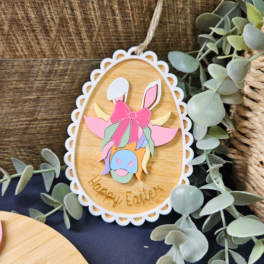 Personalised bamboo and acylic name tags for Easter. Cow