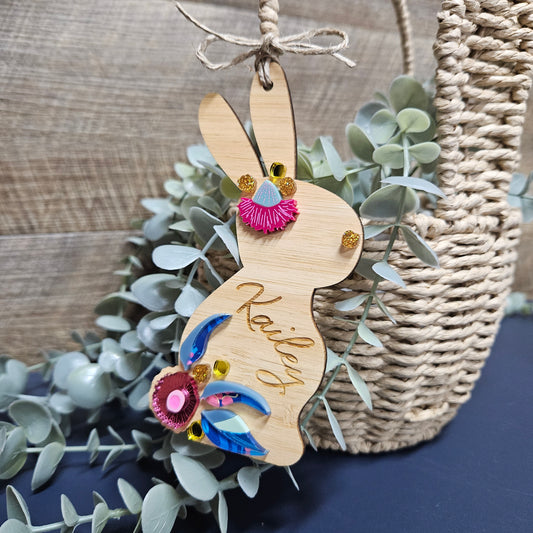 Personalised bamboo and acrylic name tags for Easter. Australian native flowers.