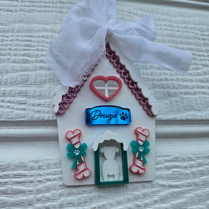 Personalised Kitschmas Acrylic Ornament – Gingerbread Dog House | Red Hill Creative