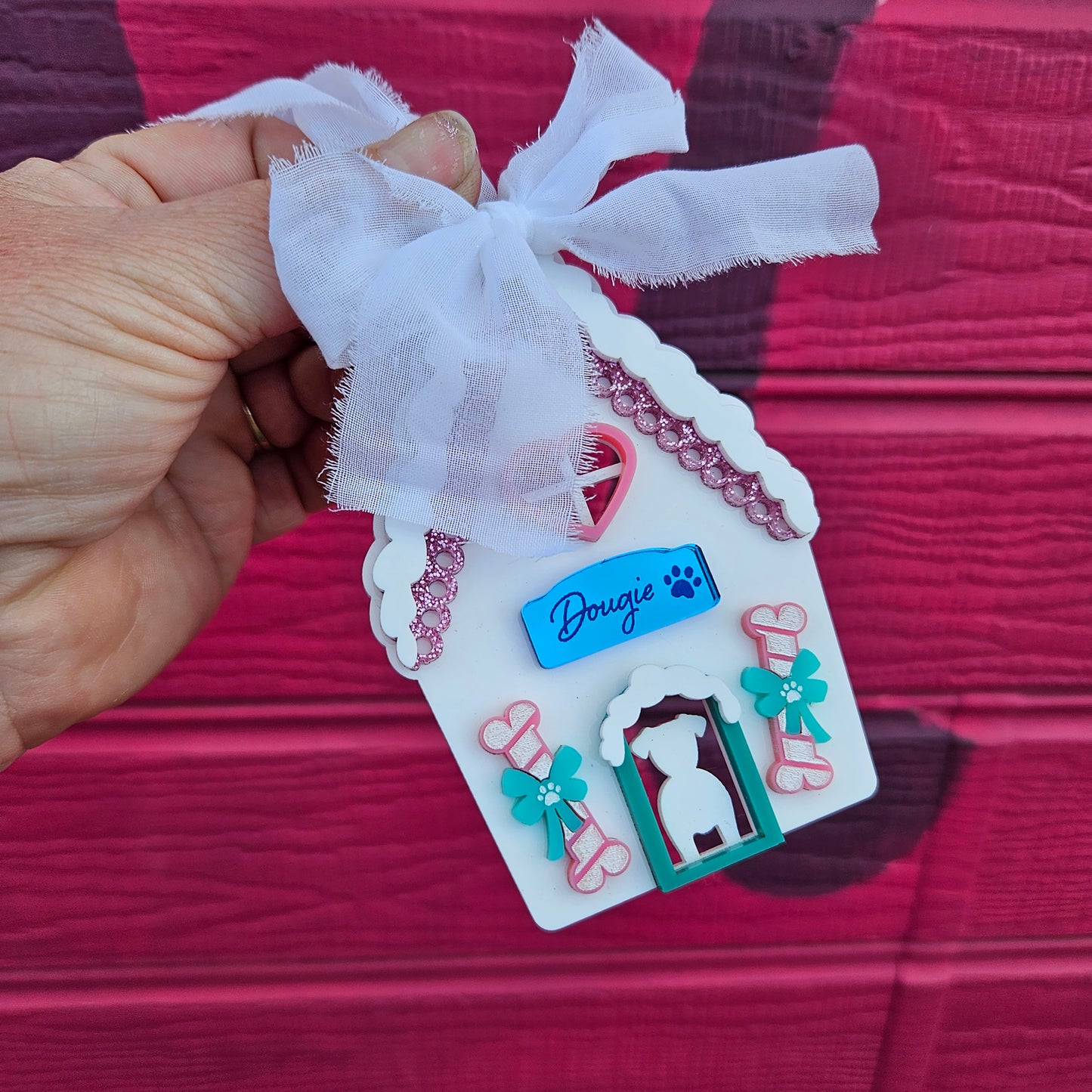 Personalised Kitschmas Acrylic Ornament – Gingerbread Dog House | Red Hill Creative